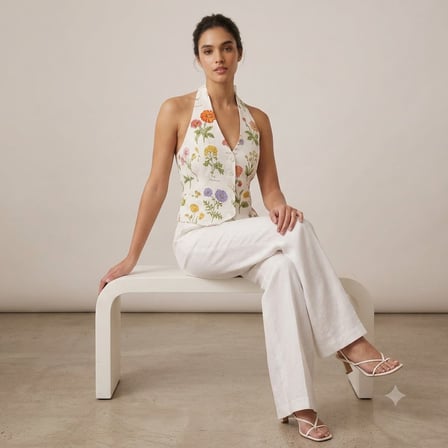 SAYTEKS Çiçek Desenli Halter Yaka Ekru Crop Bluz 2314053