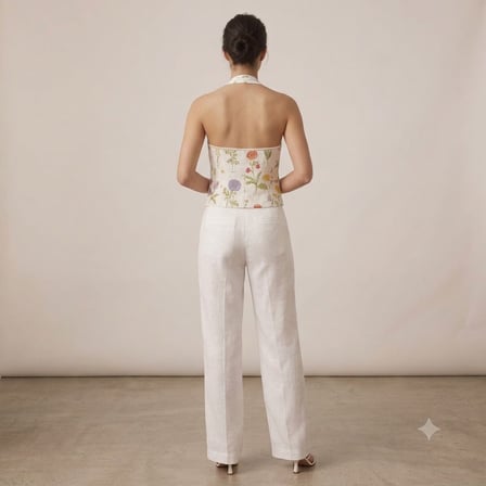 SAYTEKS Çiçek Desenli Halter Yaka Ekru Crop Bluz 2314053