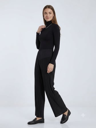 MASCARA Piliseli Yüksek Bel Siyah Geniş Paça Pantolon 3113