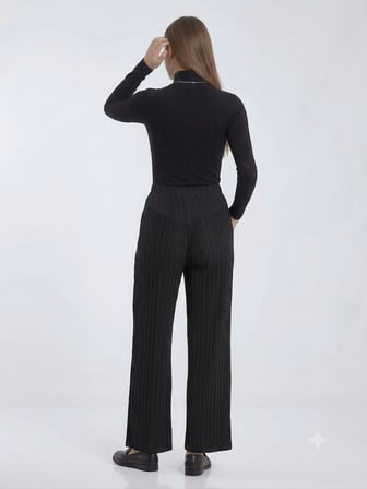 MASCARA Piliseli Yüksek Bel Siyah Geniş Paça Pantolon 3113