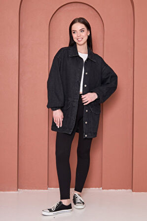 Oversize Rahat Kalıp Siyah Kot Ceket – Modestia