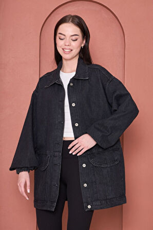 Oversize Rahat Kalıp Siyah Kot Ceket – Modestia