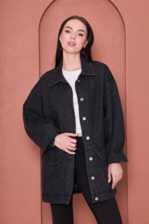 Oversize Rahat Kalıp Siyah Kot Ceket – Modestia