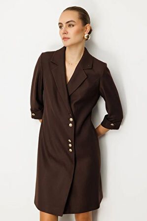 EKOL Kruvaze Yaka Düğmeli Elbise 4009