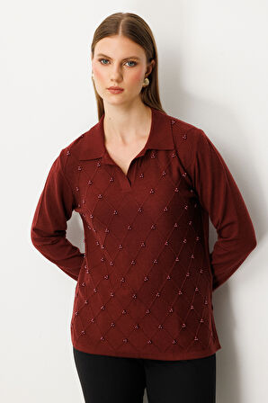 ON TRİKO İnci Detaylı Polo Yaka Triko Kazak 63381-26k