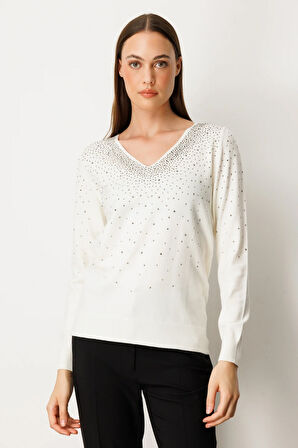 ON TRİKO V Yaka Önü Taşlı Triko Kazak 65315-26k