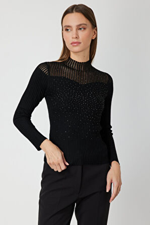 ON TRİKO Yakası Transparan Taşlı Triko Kazak 60340-26k