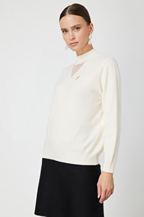 ON TRİKO Yakası Tül Detaylı Pamuklu Triko Kazak 60342-26k