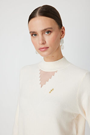 ON TRİKO Yakası Tül Detaylı Pamuklu Triko Kazak 60342-26k