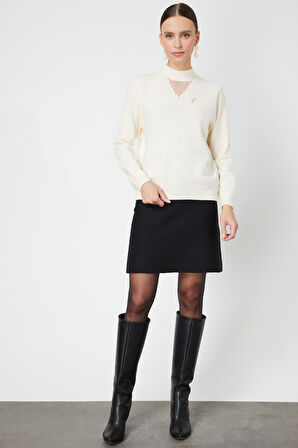 ON TRİKO Yakası Tül Detaylı Pamuklu Triko Kazak 60342-26k