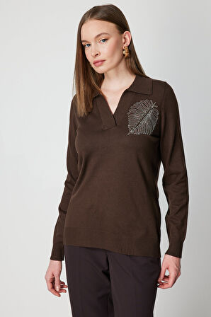 ON TRİKO Omzu Zincirli Yaprak Detaylı Triko Kazak 65334-26k