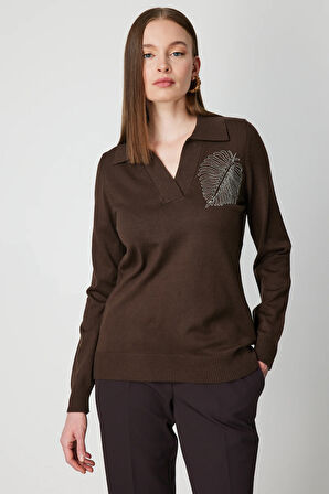 ON TRİKO Omzu Zincirli Yaprak Detaylı Triko Kazak 65334-26k