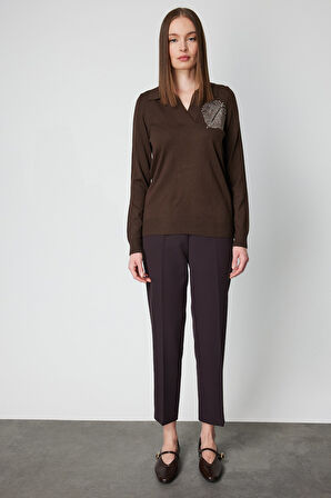 ON TRİKO Omzu Zincirli Yaprak Detaylı Triko Kazak 65334-26k