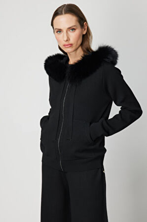 ON TRİKO Yakası Kürklü Fermuarlı Triko Hırka 63918