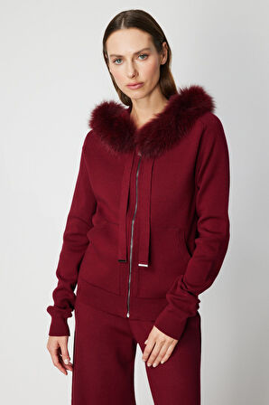 ON TRİKO Yakası Kürklü Fermuarlı Triko Hırka 63918