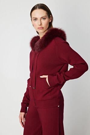 ON TRİKO Yakası Kürklü Fermuarlı Triko Hırka 63918