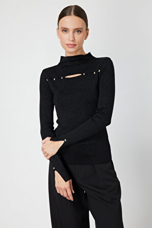 ON TRİKO Simli Kumaş Pencere Detaylı Triko Kazak 66309-26K