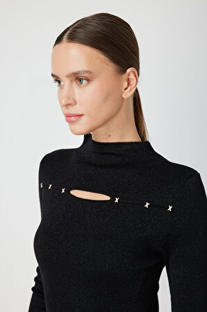 ON TRİKO Simli Kumaş Pencere Detaylı Triko Kazak 66309-26K