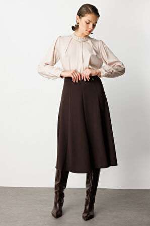 EKOL Broş Detaylı Volanlı Midi Etek 2039-26k