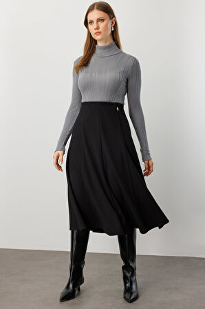 EKOL Midi Boy Pileli Broşlu Etek 2059-26k