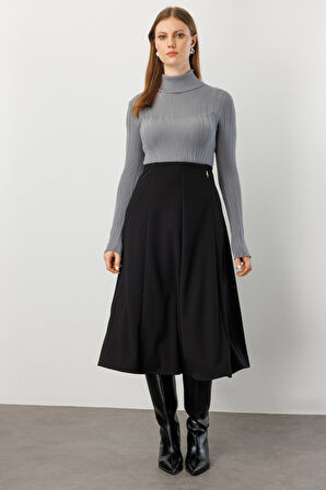 EKOL Midi Boy Pileli Broşlu Etek 2059-26k