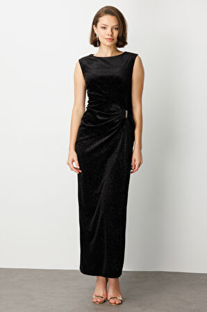 EKOL Beli Büzgülü Simli Kolsuz Elbise 4043-26K