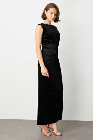 EKOL Beli Büzgülü Simli Kolsuz Elbise 4043-26K