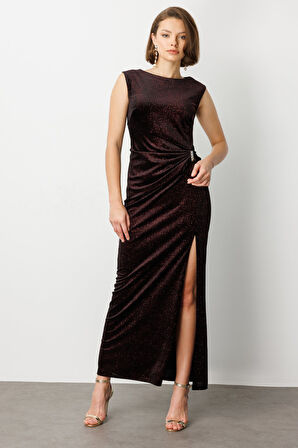 EKOL Beli Büzgülü Simli Kolsuz Elbise 4043-26K