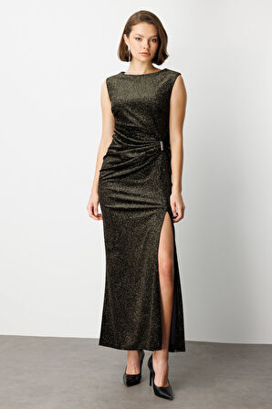 EKOL Beli Büzgülü Simli Kolsuz Elbise 4043-26K