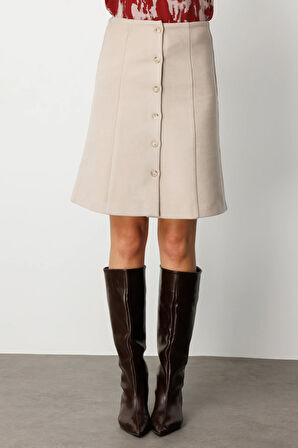 EKOL Önü Düğmeli Diz Üstü Kaşe Etek 2109-26k