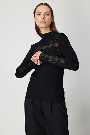 ON TRİKO Transparan Detaylı Taşlı Triko Kazak 60387-26k