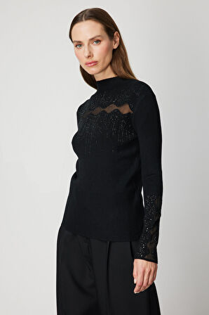 ON TRİKO Transparan Detaylı Taşlı Triko Kazak 60387-26k