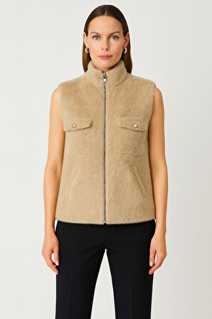 ON TRİKO Dik Yaka Beli Lastikli Peluş Yelek 66932