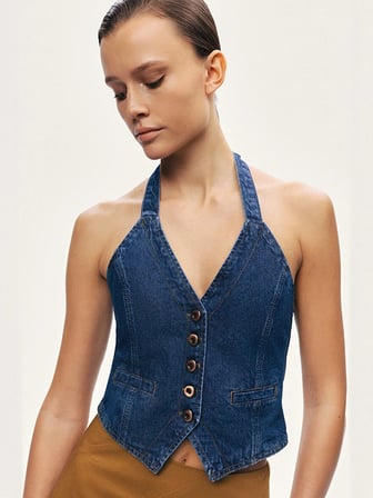 NOCTURNE Boyundan Bağlamalı Denim Yelek 7086