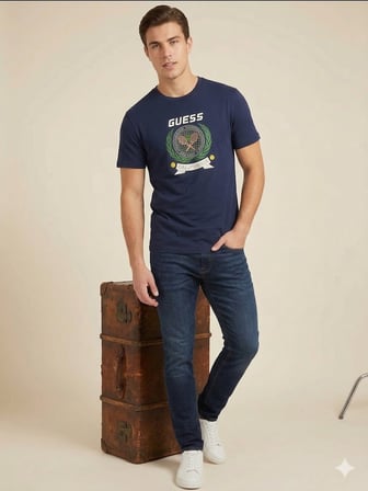 GUESS Erkek Bisiklet Yaka Logolu Tenis Baskılı Slim Fit T-Shirt Z6GI16K3206