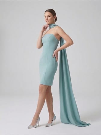HOT CONTACT Şal Detaylı Straplez Mini Abiye Elbise 8448