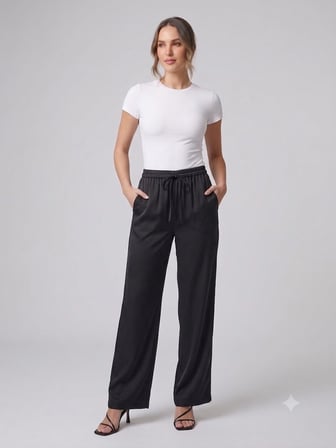YSATİS Siyah Beli Lastikli ve Bağcıklı Dökümlü Saten Geniş Paça Pantolon 2000104