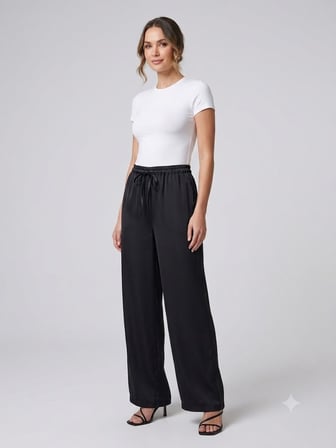 YSATİS Siyah Beli Lastikli ve Bağcıklı Dökümlü Saten Geniş Paça Pantolon 2000104