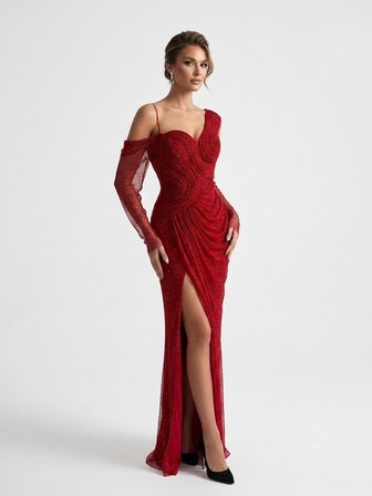 FOR COSTUME Asimetrik Yırtmaçlı Işıltılı Abiye Elbise 10384