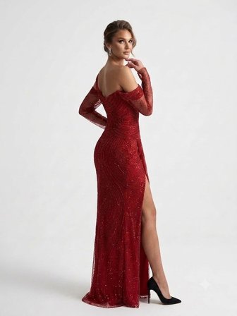 FOR COSTUME Asimetrik Yırtmaçlı Işıltılı Abiye Elbise 10384