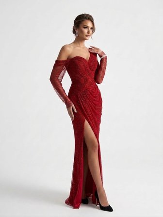 FOR COSTUME Asimetrik Yırtmaçlı Işıltılı Abiye Elbise 10384