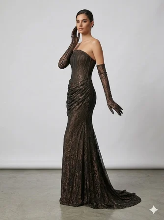 FOR COSTUME Bronz Işıltılı Dantel Korseli Abiye  9892