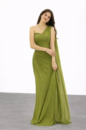 FOR COSTUME  Kol Detaylı Yarım Straplez Abiye Elbise 9811