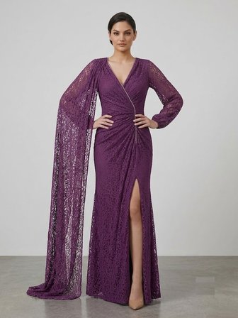 FOR COSTUME Asimetrik Pelerinli Mor Dantel Abiye Elbise 10482