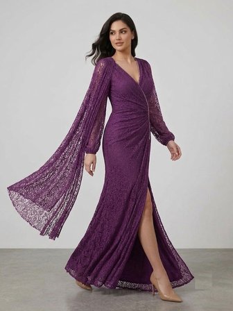 FOR COSTUME Asimetrik Pelerinli Mor Dantel Abiye Elbise 10482