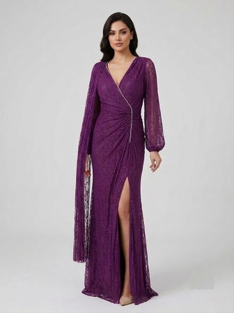 FOR COSTUME Asimetrik Pelerinli Mor Dantel Abiye Elbise 10482