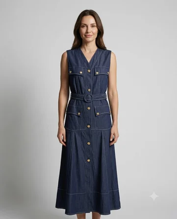 VENDİ MAQRELL Gold Düğme ve Kemer Detaylı Denim Maxi Elbise 1258