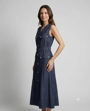 VENDİ MAQRELL Gold Düğme ve Kemer Detaylı Denim Maxi Elbise 1258