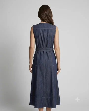 VENDİ MAQRELL Gold Düğme ve Kemer Detaylı Denim Maxi Elbise 1258