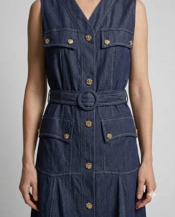 VENDİ MAQRELL Gold Düğme ve Kemer Detaylı Denim Maxi Elbise 1258